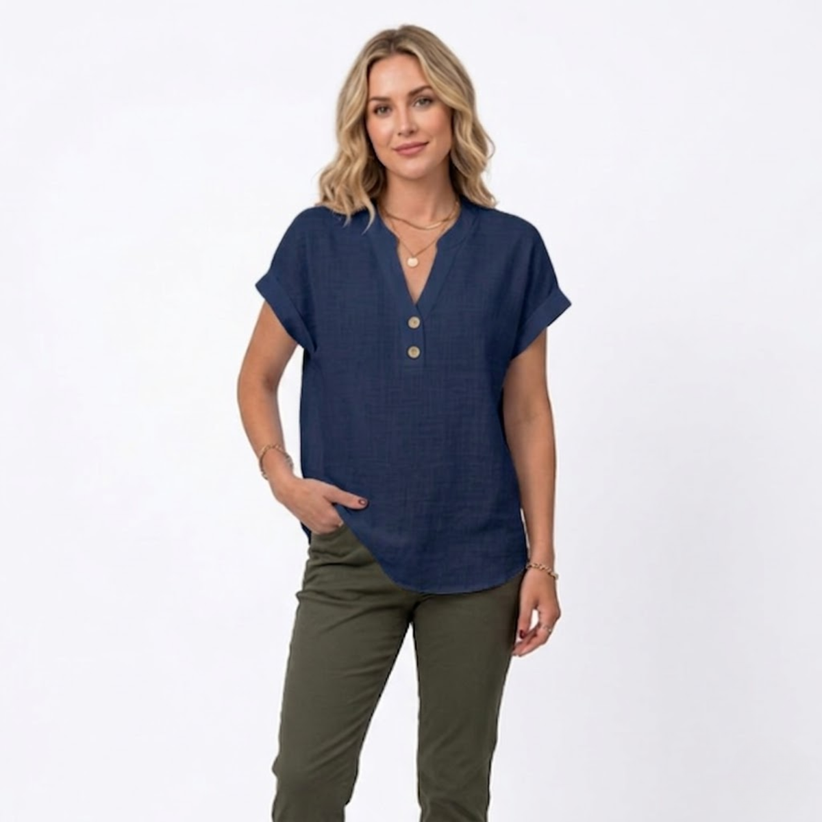 V-Neck Short Sleeve Blouse for Women — Navy Blue