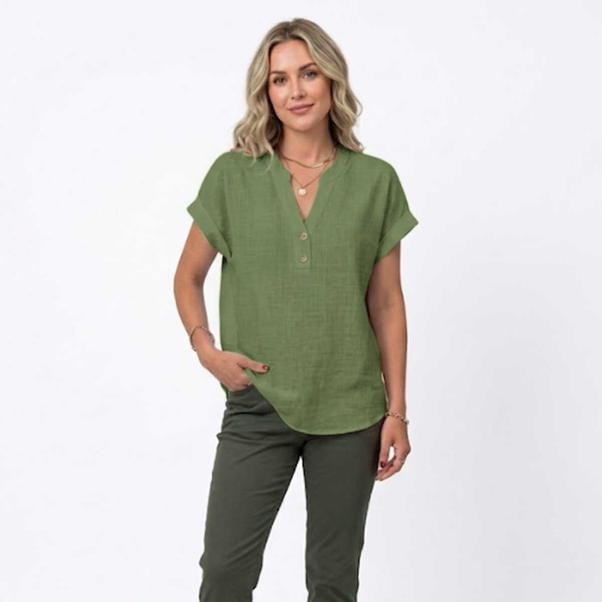 V-Neck Short Sleeve Blouse for Women — Green