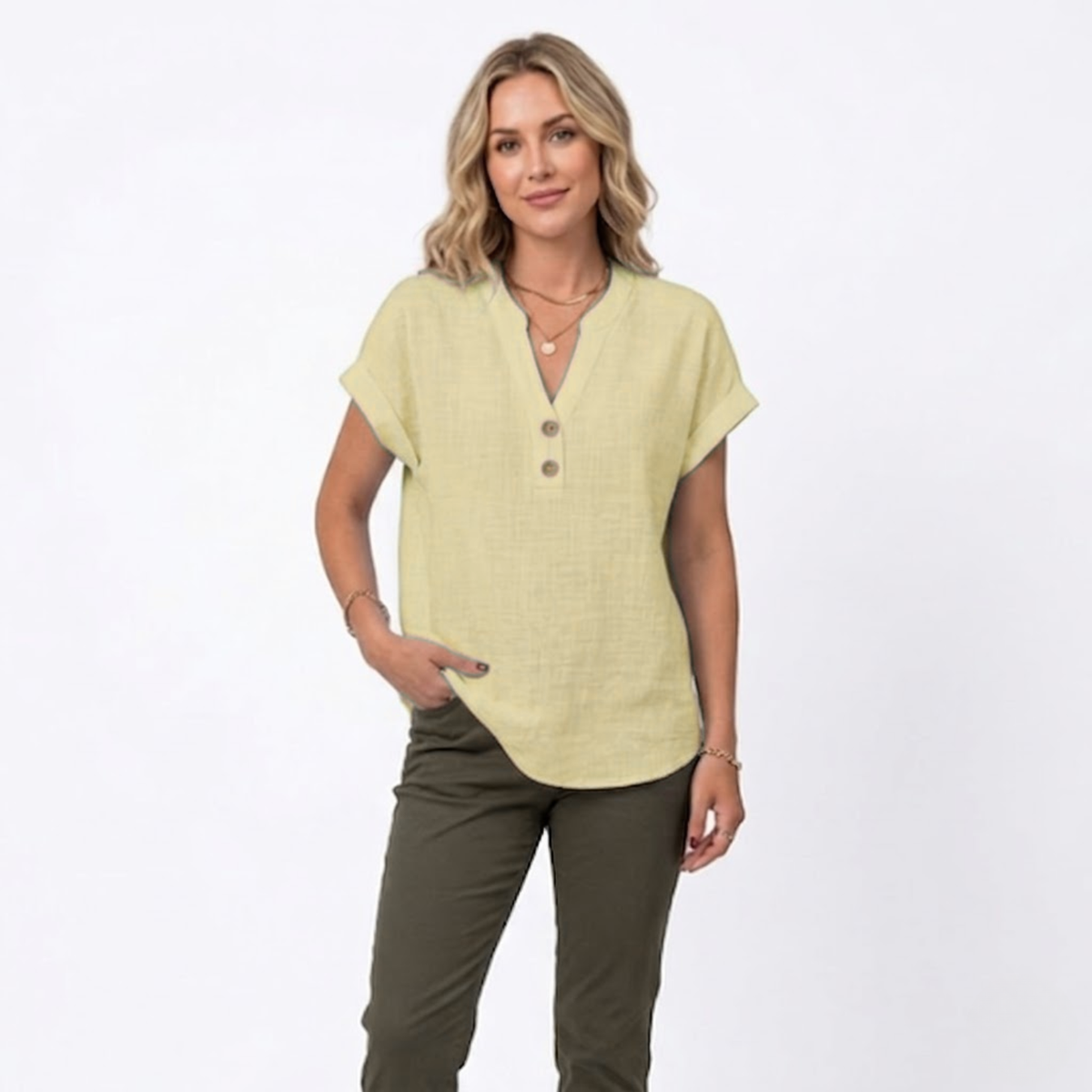 V-Neck Short Sleeve Blouse for Women — Light Yellow