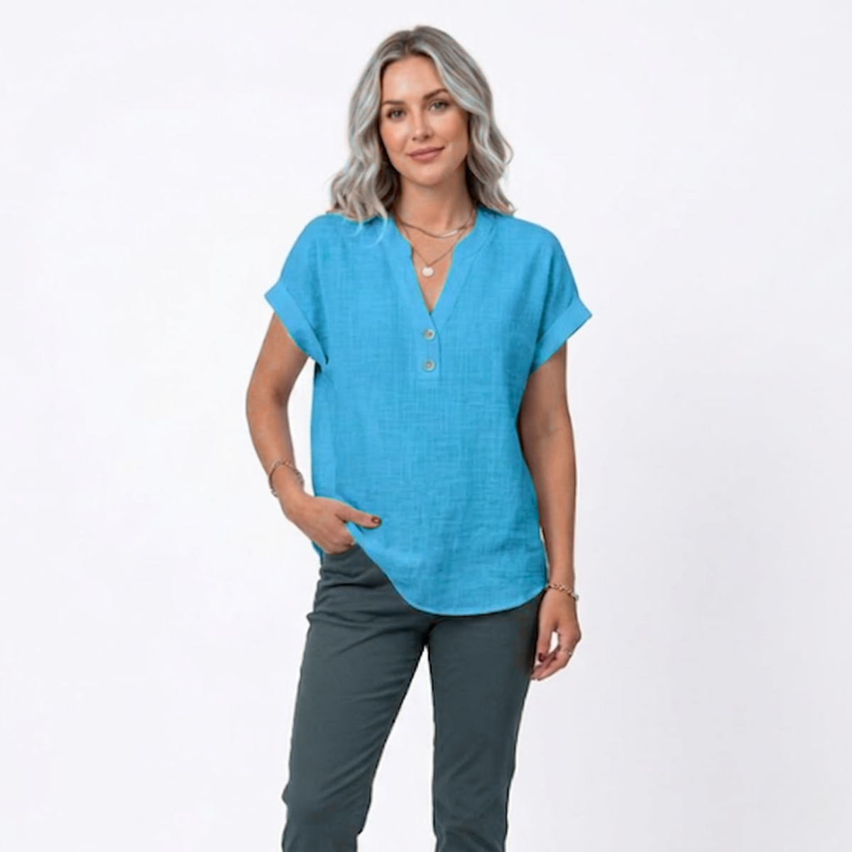 V-Neck Short Sleeve Blouse for Women — Blue