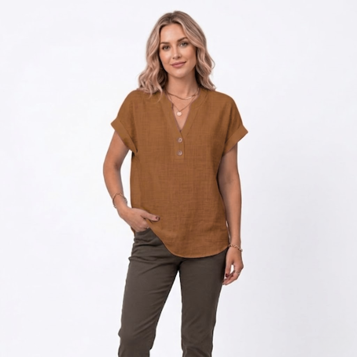 V-Neck Short Sleeve Blouse for Women — Brown