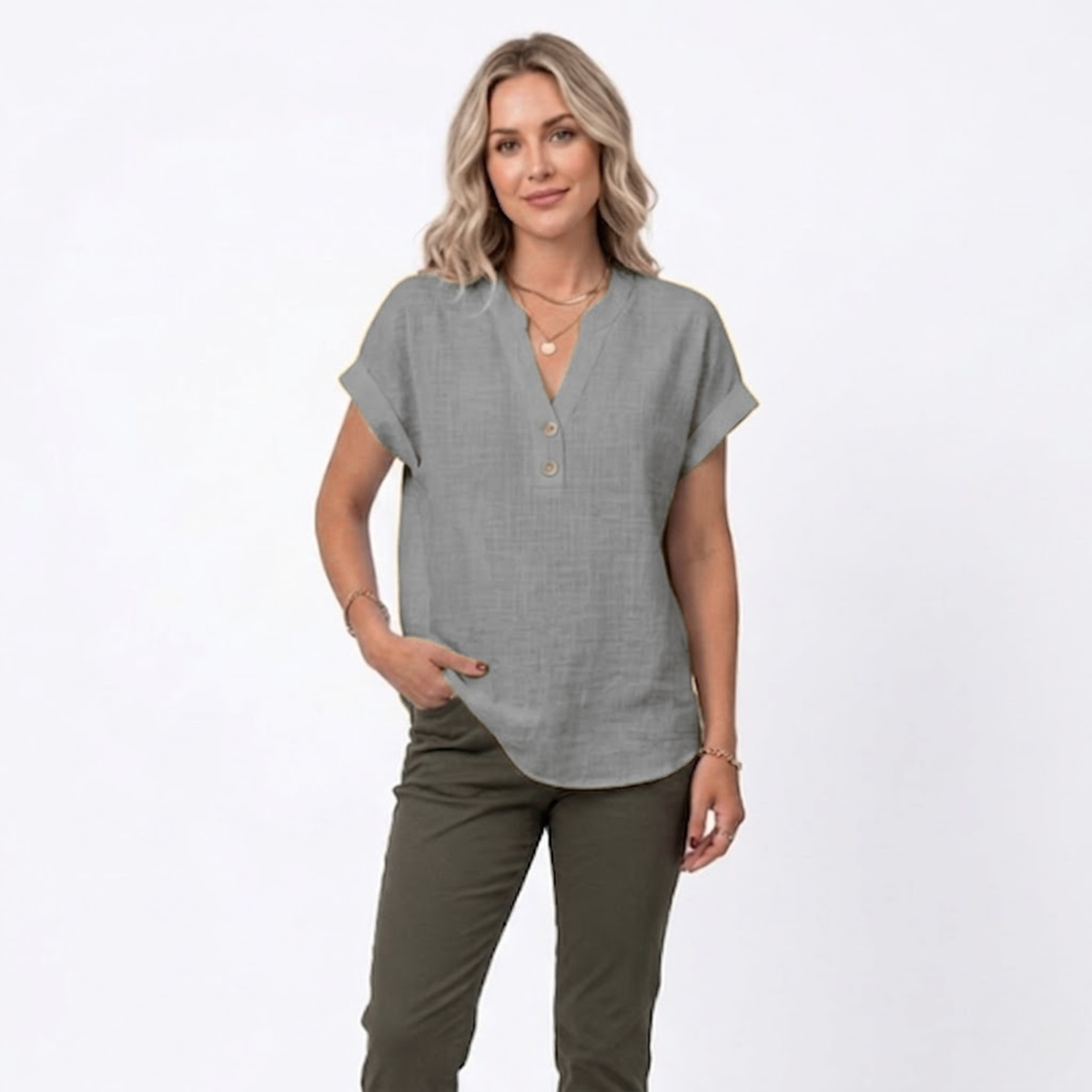 V-Neck Short Sleeve Blouse for Women — Grey