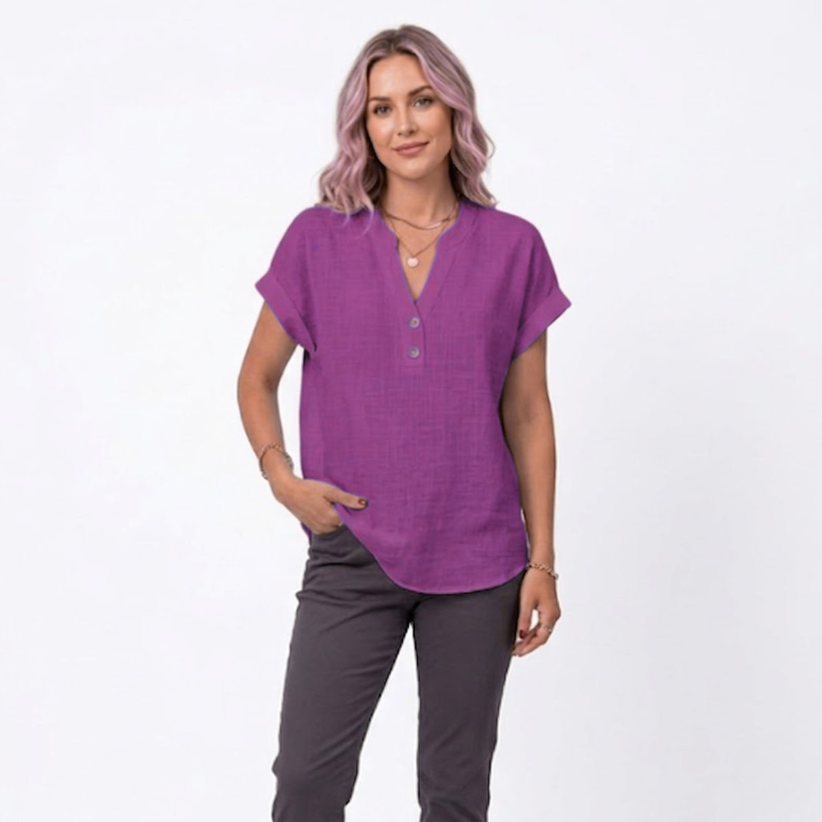 V-Neck Short Sleeve Blouse for Women — Dark Purple