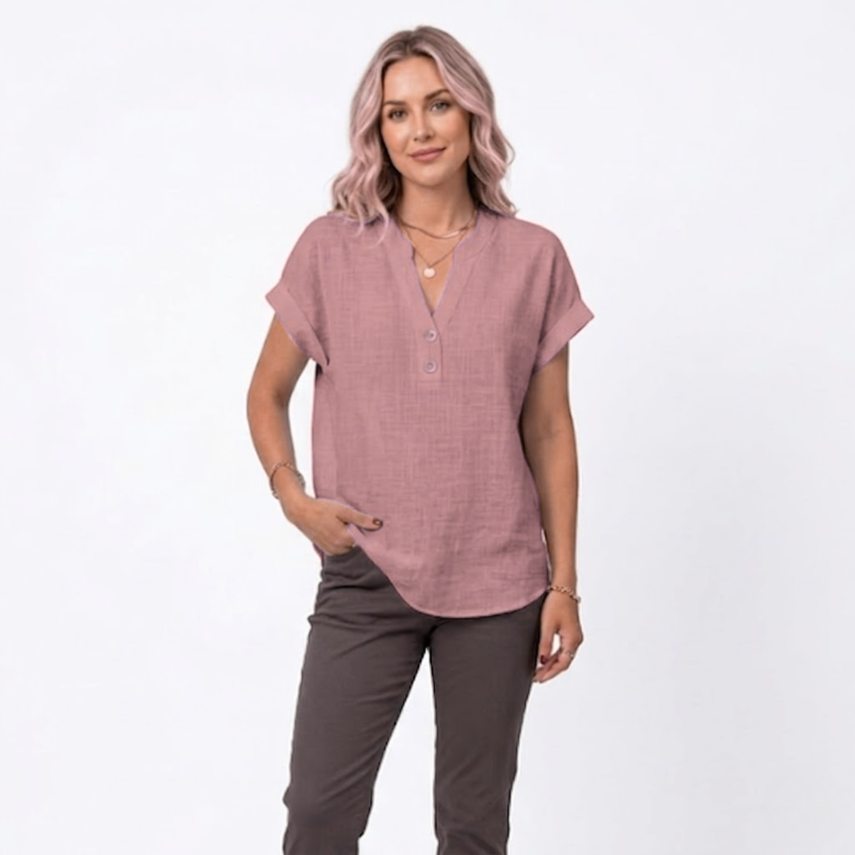 V-Neck Short Sleeve Blouse for Women — Pink