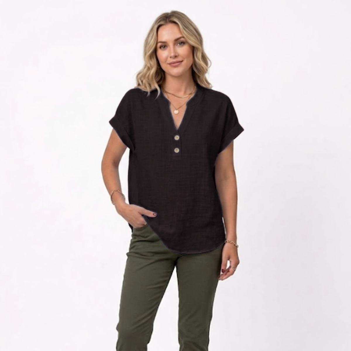 V-Neck Short Sleeve Blouse for Women — Black