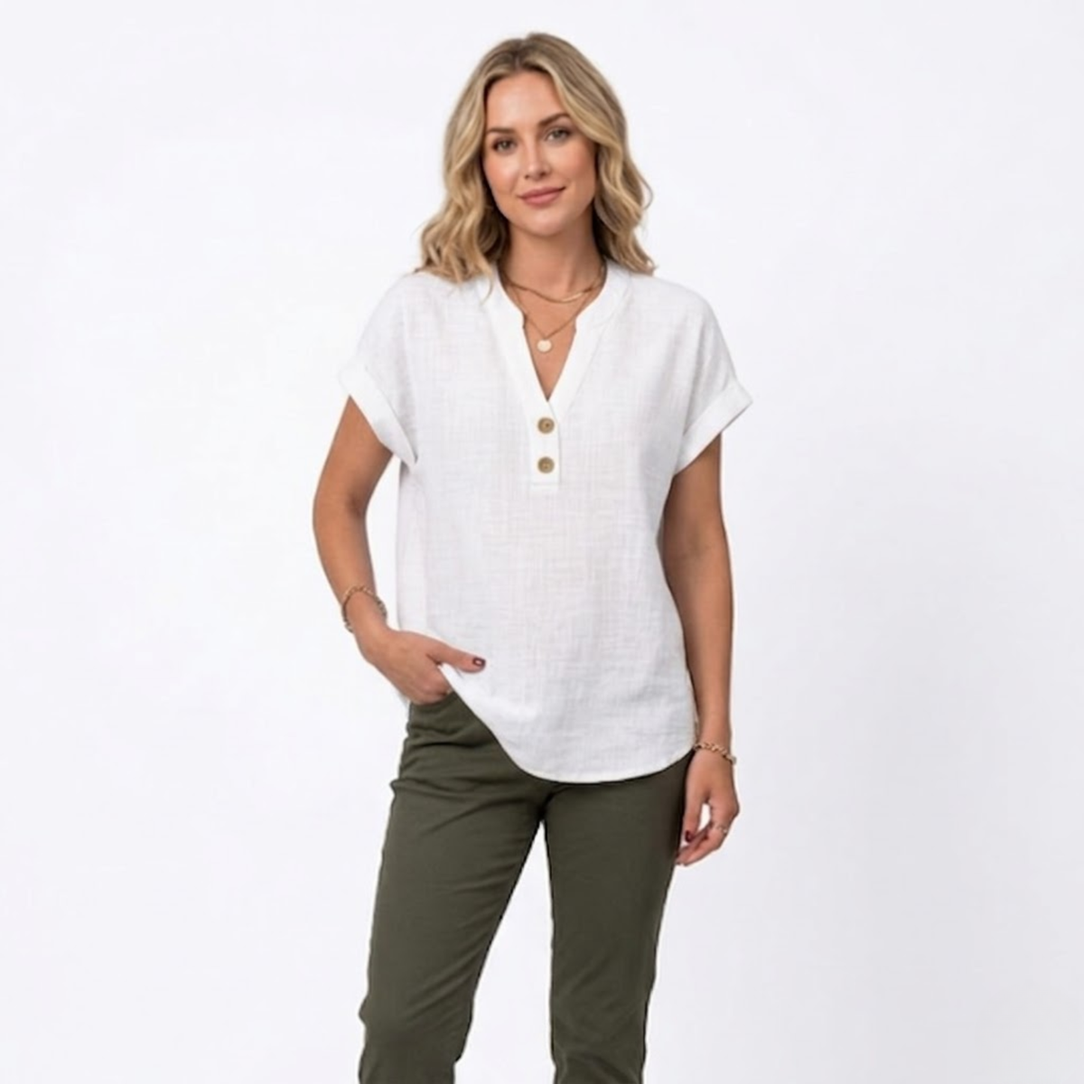 V-Neck Short Sleeve Blouse for Women — White