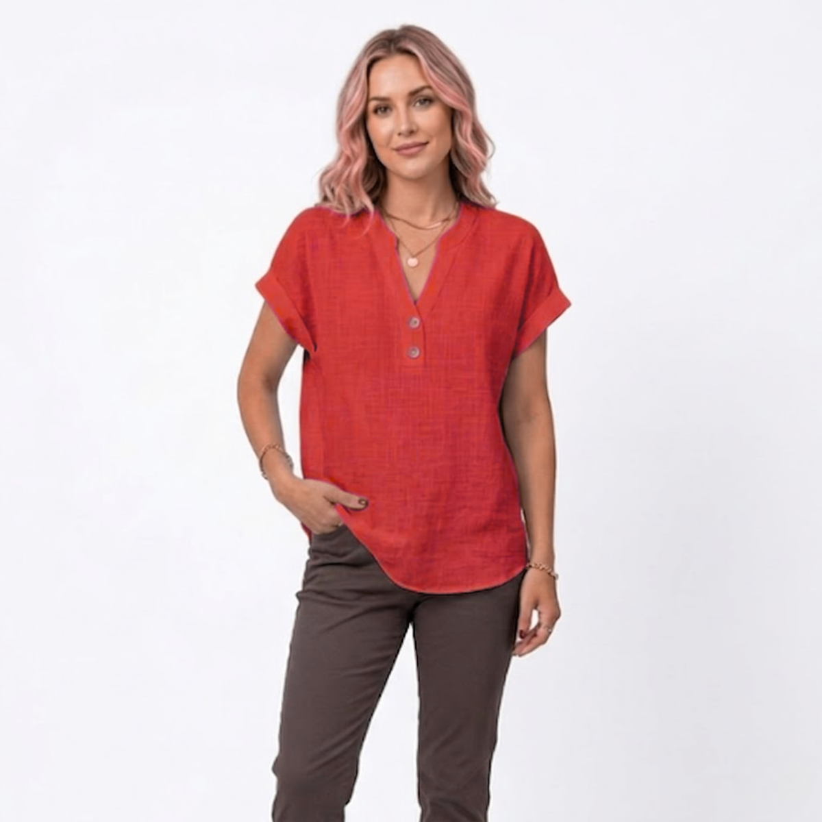 V-Neck Short Sleeve Blouse for Women — Red