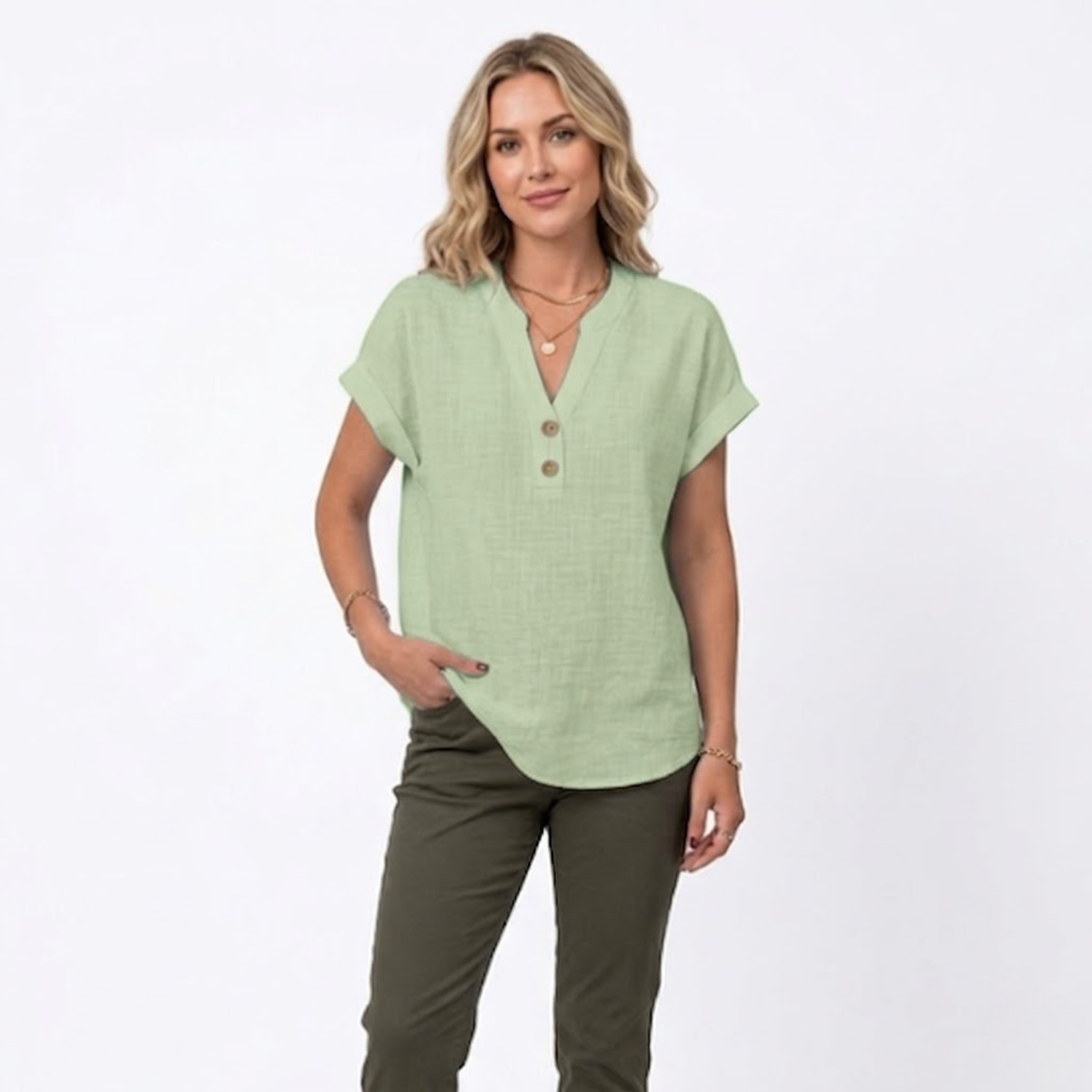 V-Neck Short Sleeve Blouse for Women — Grey/Green