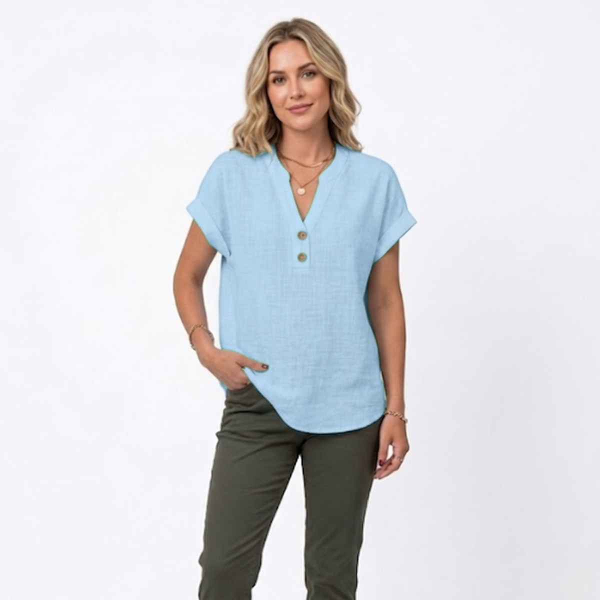 V-Neck Short Sleeve Blouse for Women — Sky Blue