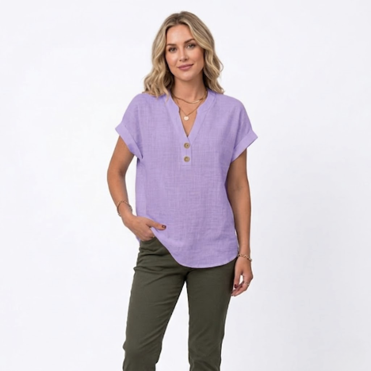 V-Neck Short Sleeve Blouse for Women — Purple