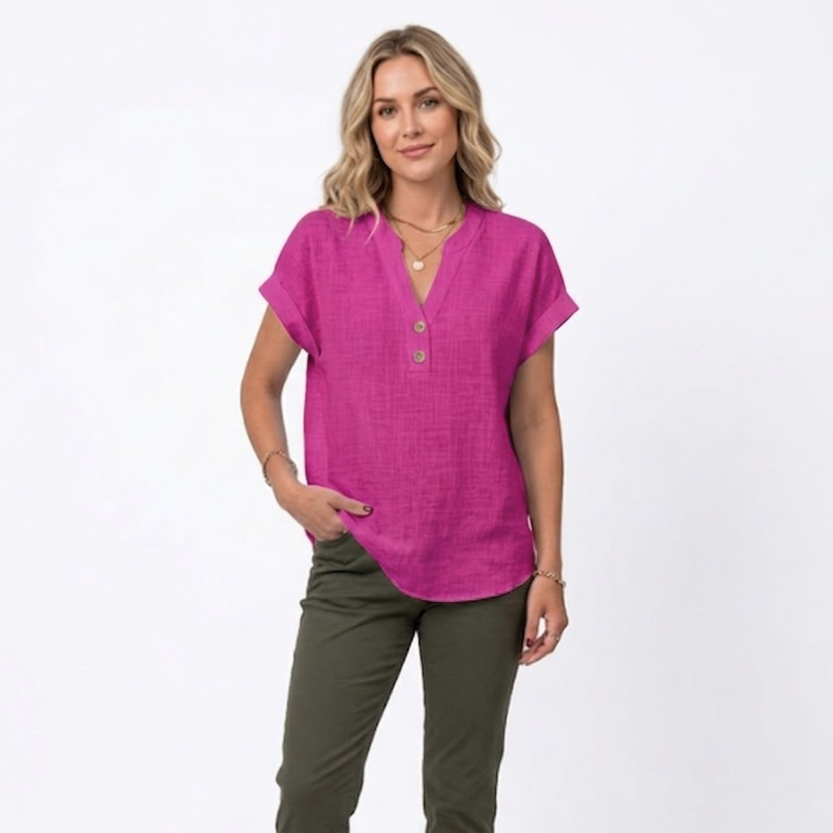 V-Neck Short Sleeve Blouse for Women — Fuchsia Pink