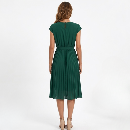 Pleated Midi Dress with Short Sleeves and High Waist with Belt — product view