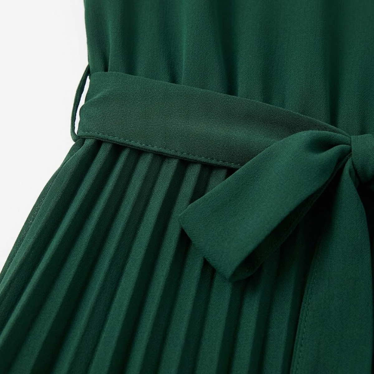 Pleated Midi Dress with Short Sleeves and High Waist with Belt — product view
