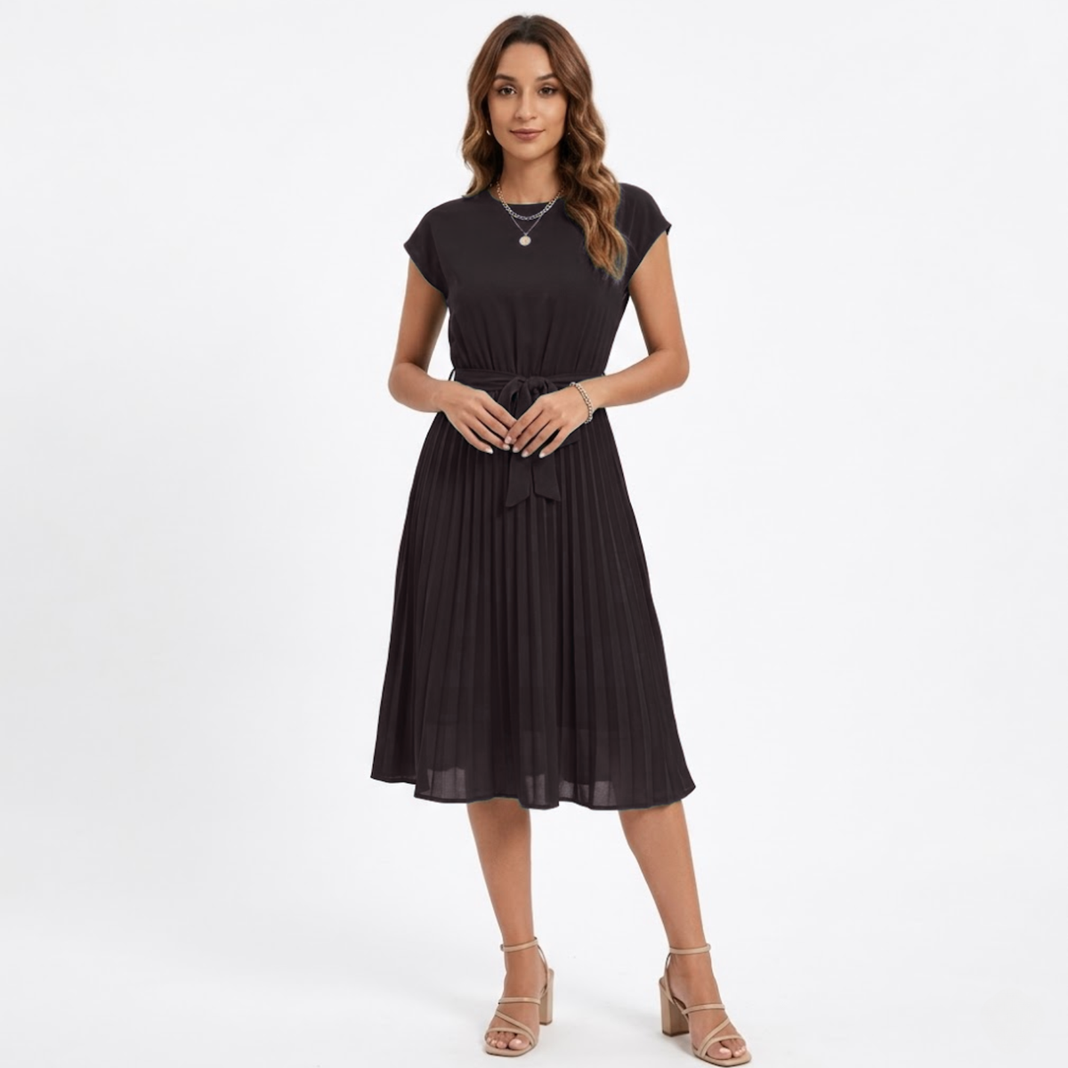 Pleated Midi Dress with Short Sleeves and High Waist with Belt — Black