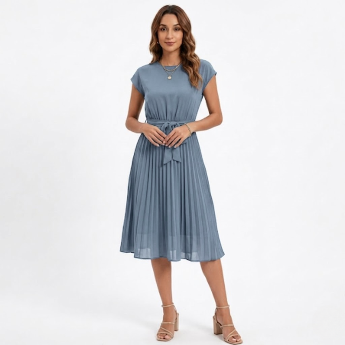 Pleated Midi Dress with Short Sleeves and High Waist with Belt — Light Blue