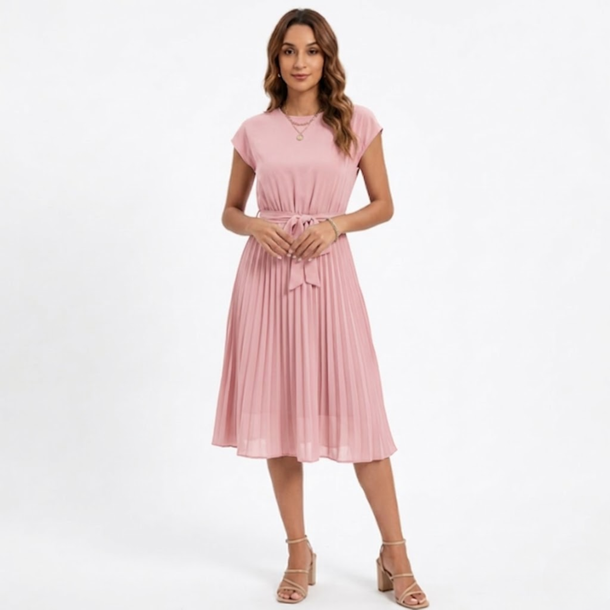 Pleated Midi Dress with Short Sleeves and High Waist with Belt — Pink
