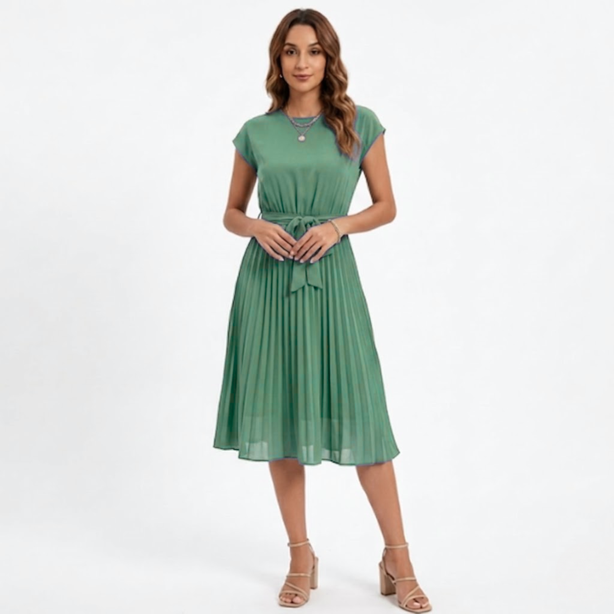 Pleated Midi Dress with Short Sleeves and High Waist with Belt — Light Green