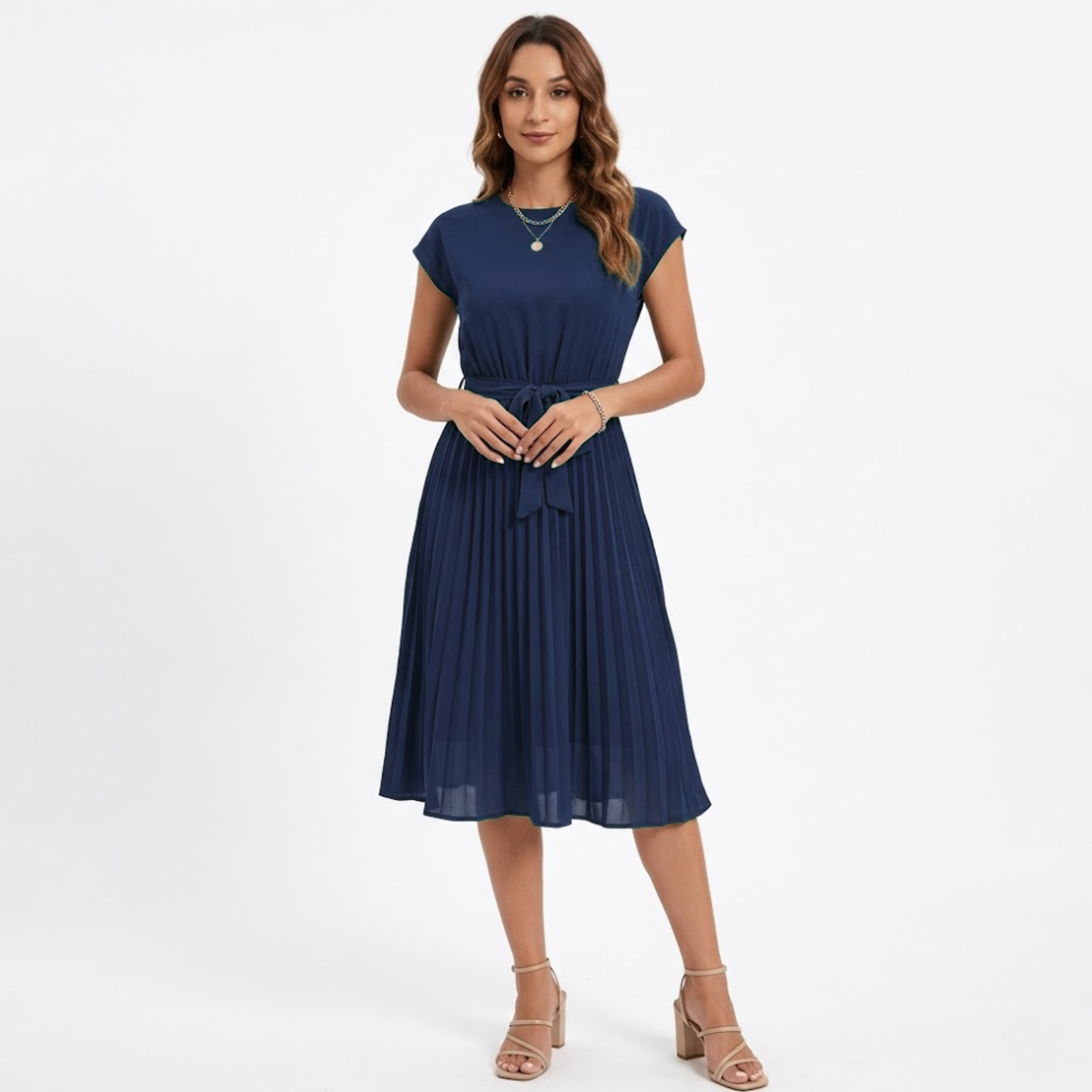 Pleated Midi Dress with Short Sleeves and High Waist with Belt — Navy Blue
