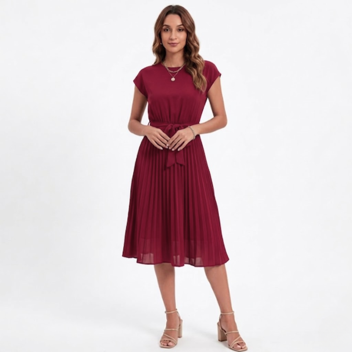 Pleated Midi Dress with Short Sleeves and High Waist with Belt — Wine Red