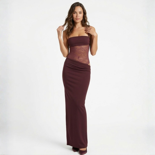 Fitted Long Evening Dress with Lace Bustier and Straps for Women — Burgundy