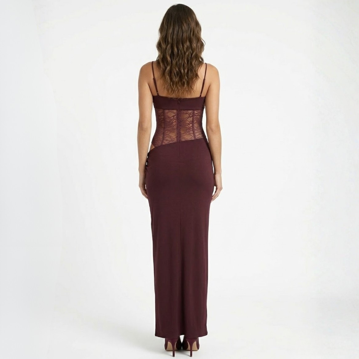 Fitted Long Evening Dress with Lace Bustier and Straps for Women — product view