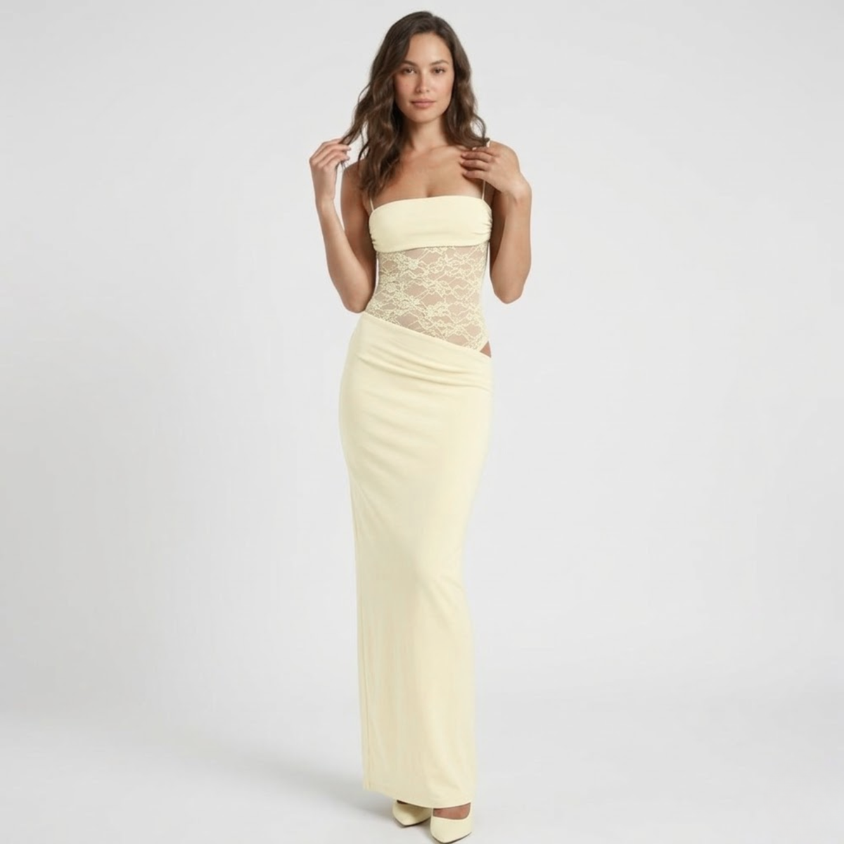 Fitted Long Evening Dress with Lace Bustier and Straps for Women — Beige