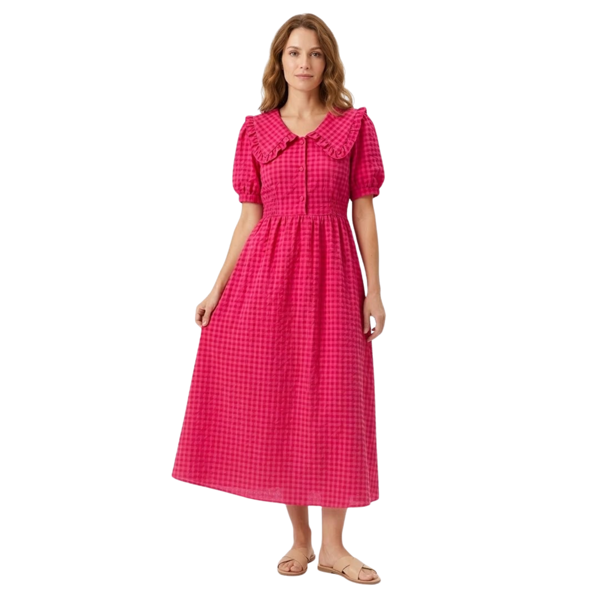 Long Plaid Dress with Peter Pan Collar and Puff Sleeves for Women — Pink