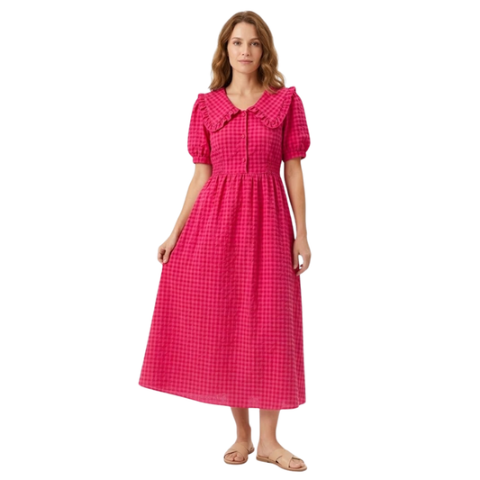 Long Plaid Dress with Peter Pan Collar and Puff Sleeves for Women — Pink