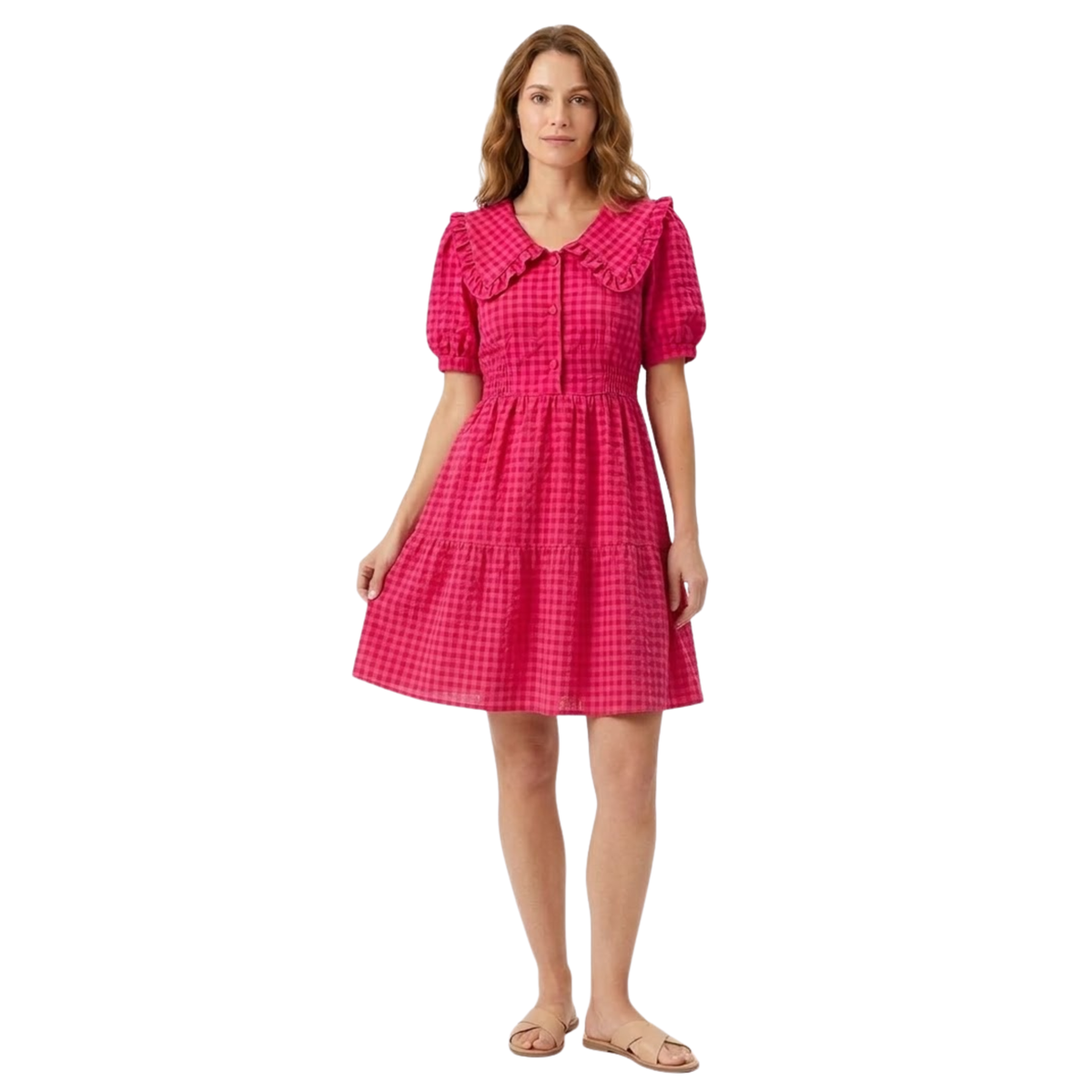Long Plaid Dress with Peter Pan Collar and Puff Sleeves for Women — product view