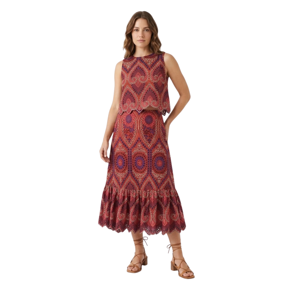 Two-Piece Women's Set with Sleeveless Top and Embroidered Midi Skirt — Burgundy