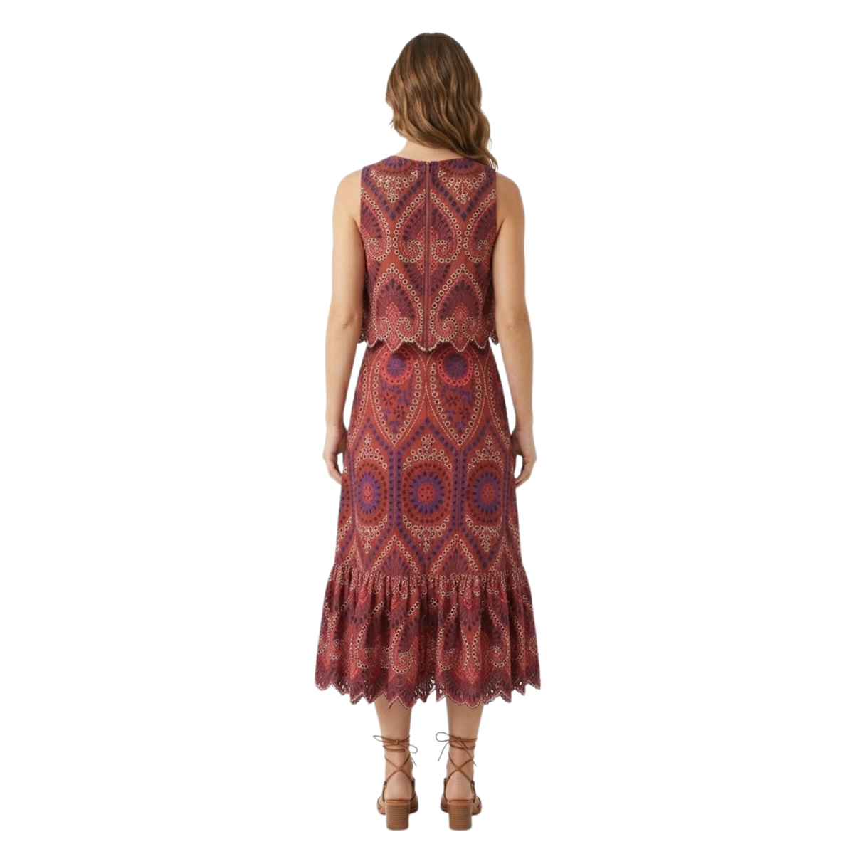 Two-Piece Women's Set with Sleeveless Top and Embroidered Midi Skirt — Burgundy