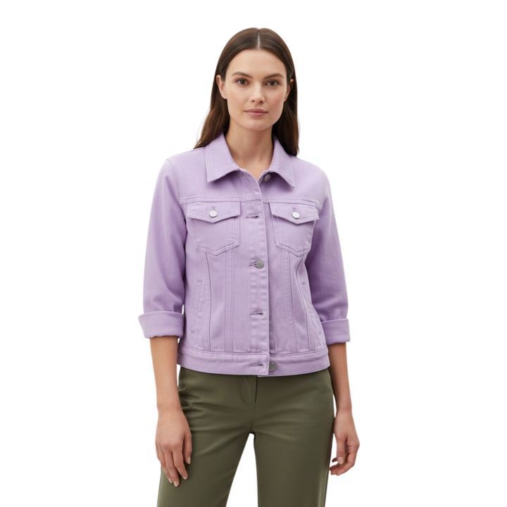 Short Denim Jacket with Buttons and Chest Pockets for Women — Purple