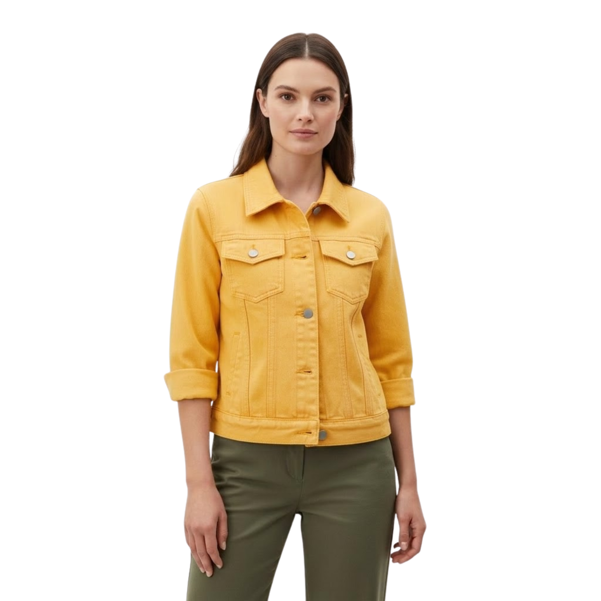 Short Denim Jacket with Buttons and Chest Pockets for Women — Yellow