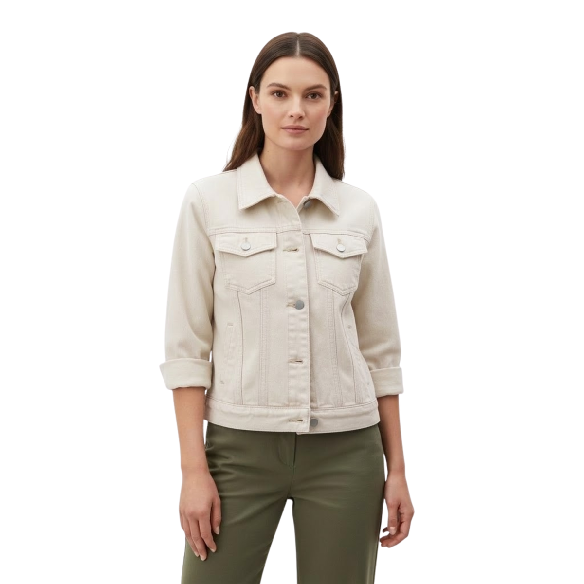 Short Denim Jacket with Buttons and Chest Pockets for Women — White
