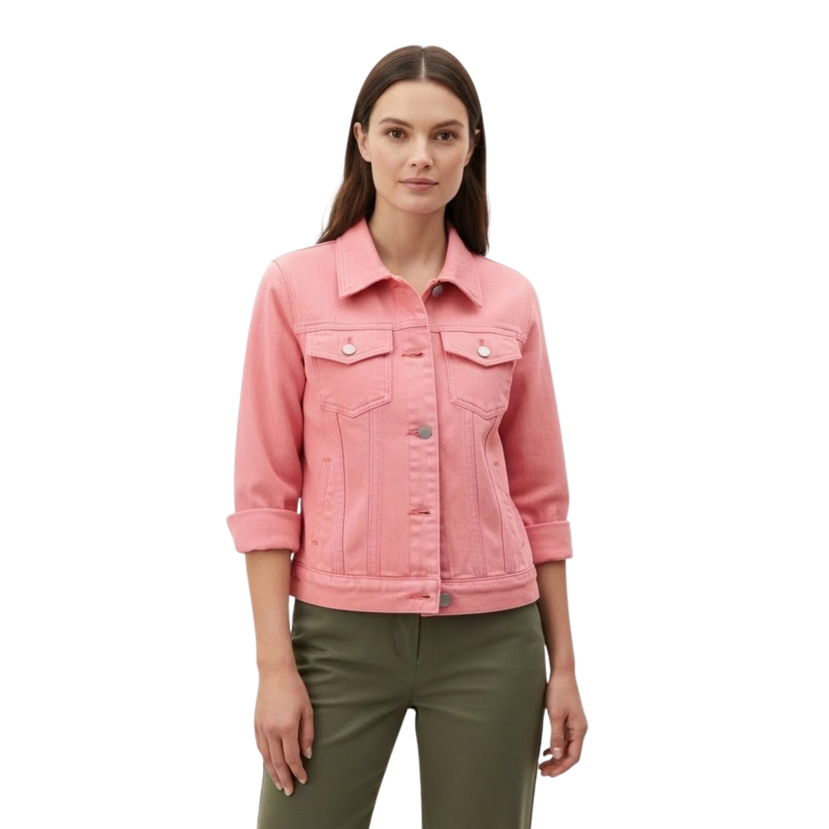 Short Denim Jacket with Buttons and Chest Pockets for Women — Pink