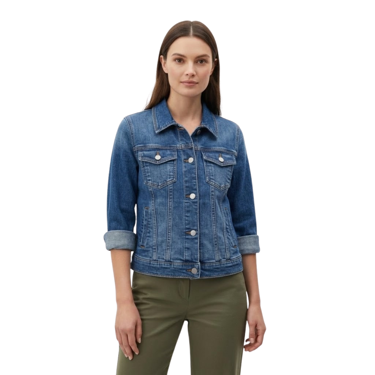 Short Denim Jacket with Buttons and Chest Pockets for Women — Blue