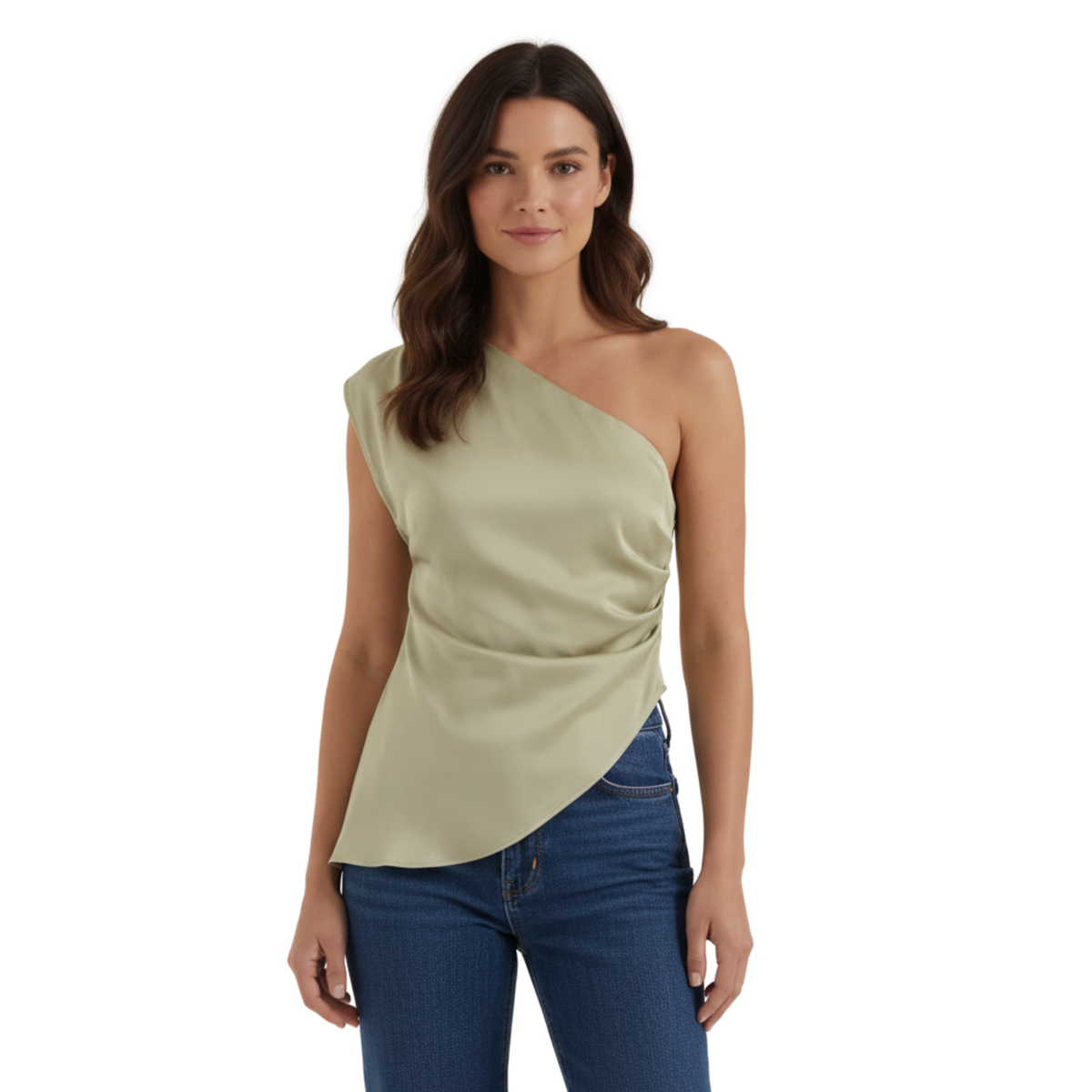 Damenoberteil mit One-Shoulder-Schnitt und gerafften Details — Grün