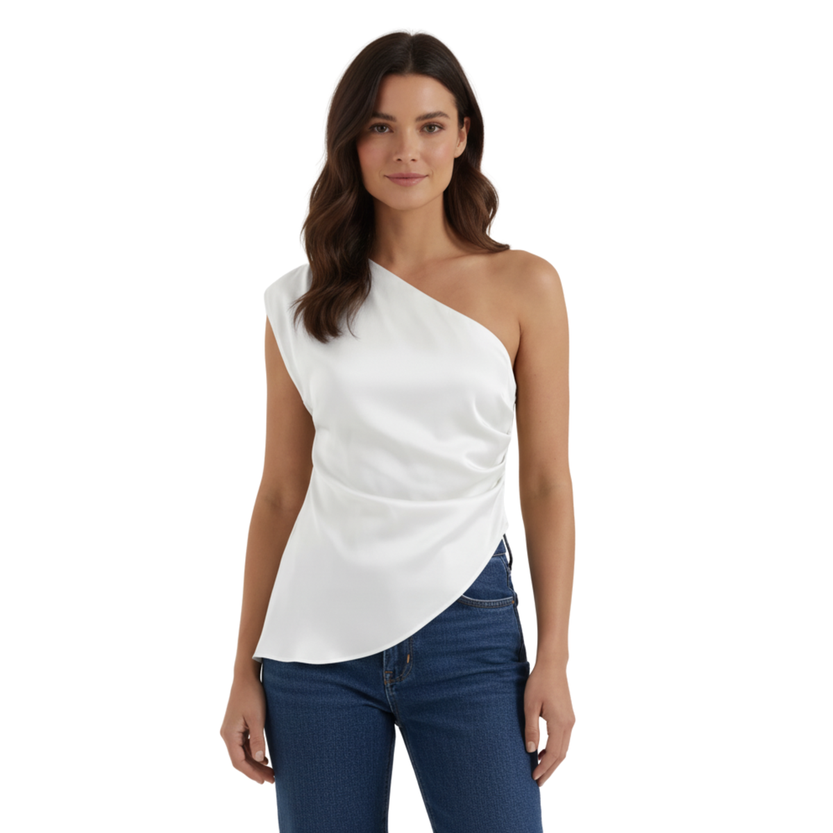Damenoberteil mit One-Shoulder-Schnitt und gerafften Details — Weiß