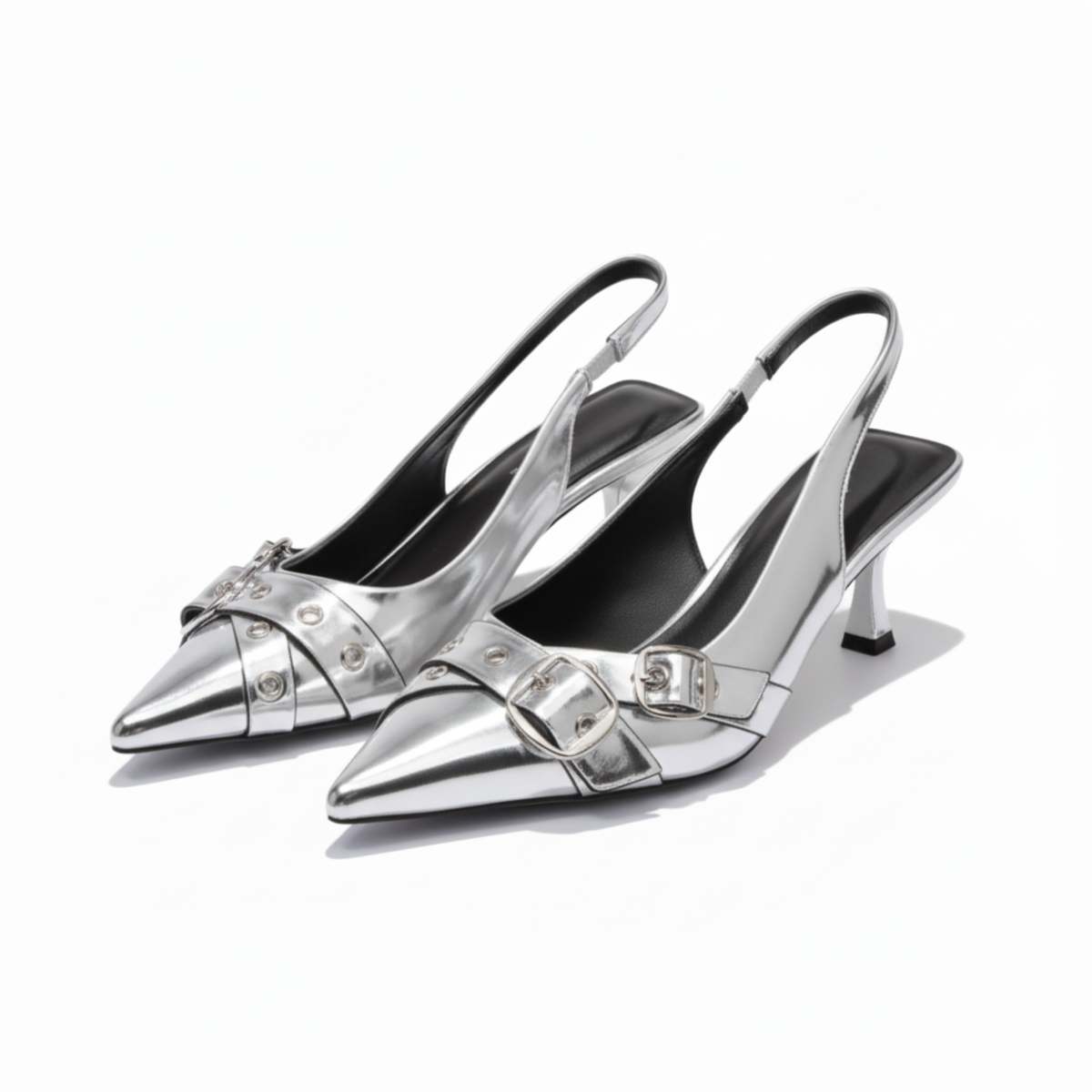 Pointed Toe Slingback Pumps with Metal Details for Women — Silver