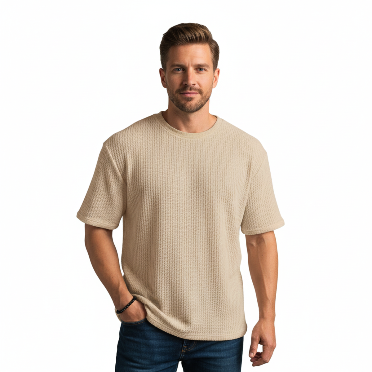 Men's Knitted Mesh T-Shirt with Short Sleeves and Crew Neck — Khaki
