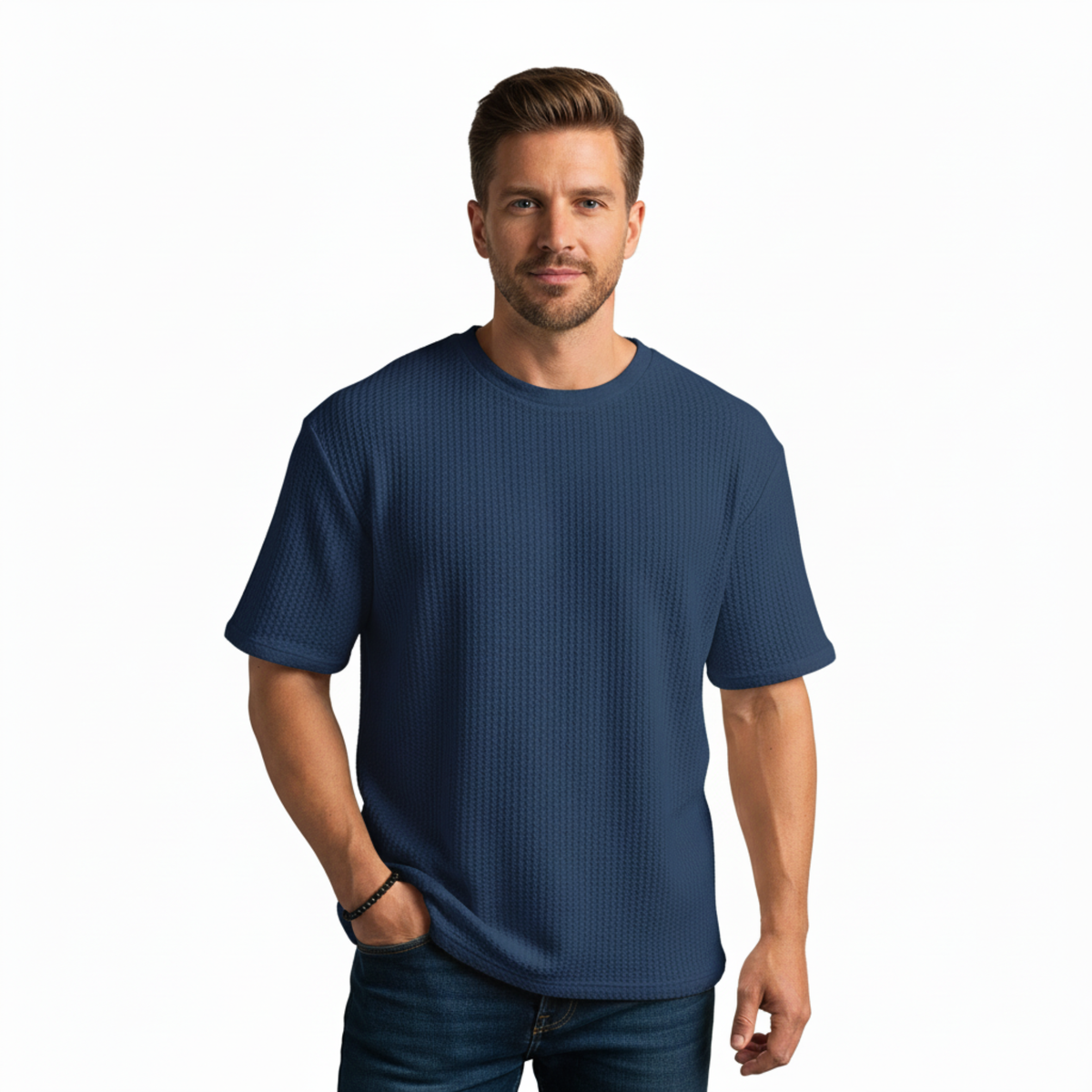 Men's Knitted Mesh T-Shirt with Short Sleeves and Crew Neck — Navy Blue