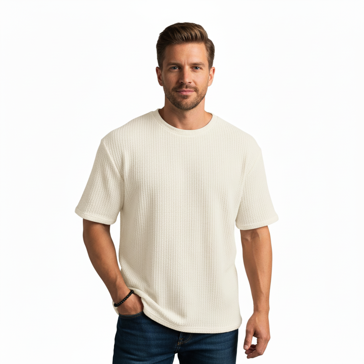 Men's Knitted Mesh T-Shirt with Short Sleeves and Crew Neck — Beige