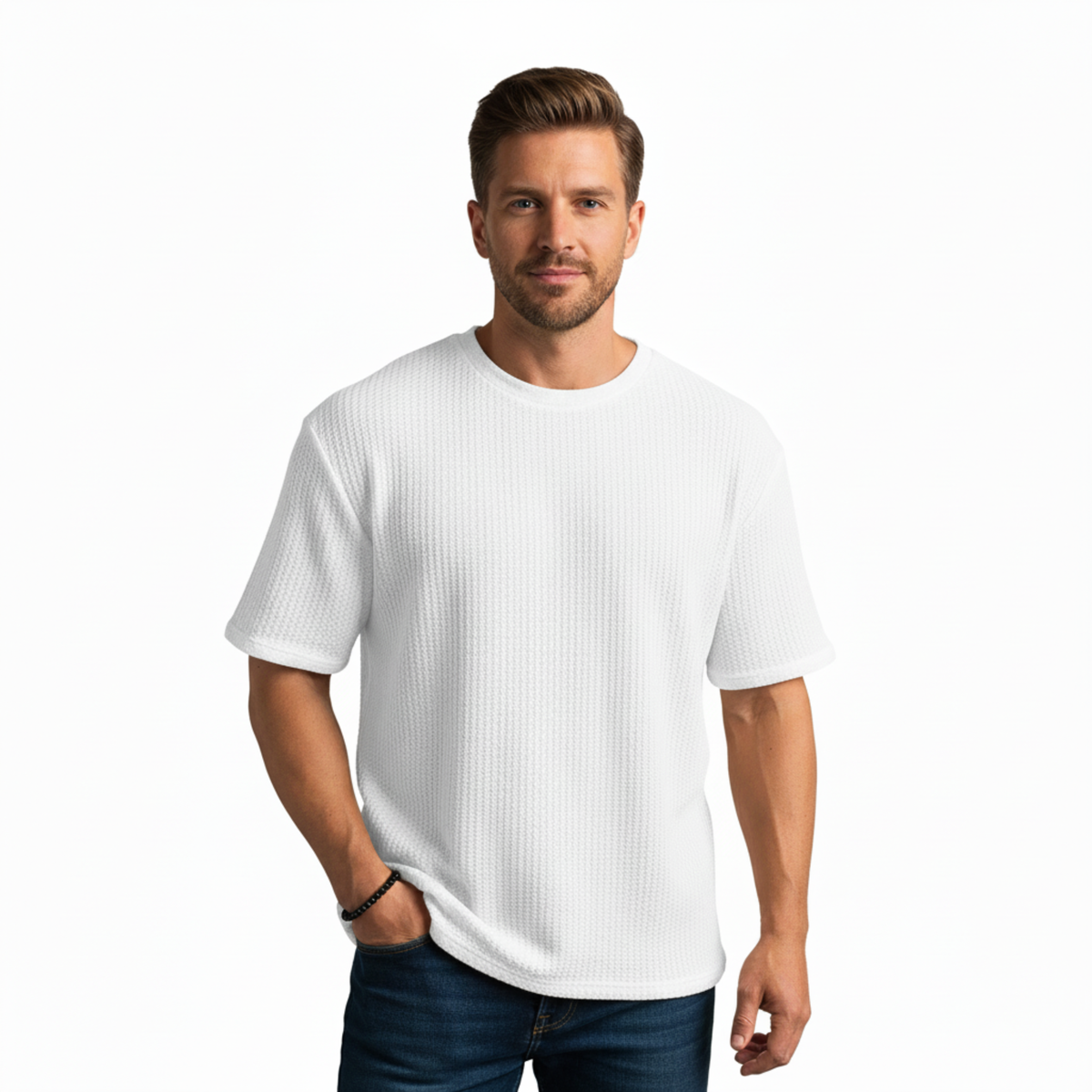 Men's Knitted Mesh T-Shirt with Short Sleeves and Crew Neck — White