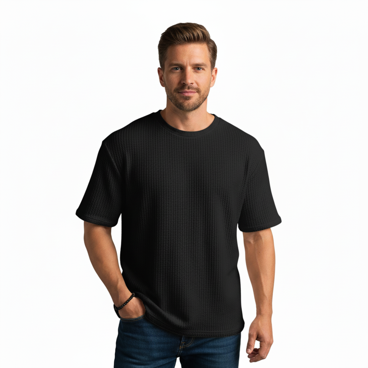 Men's Knitted Mesh T-Shirt with Short Sleeves and Crew Neck — Black