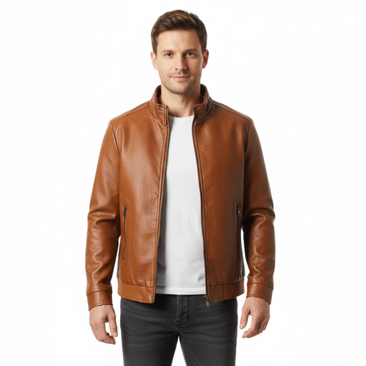 Jacket for Men with Zipper and Ribbed Cuffs — Brown