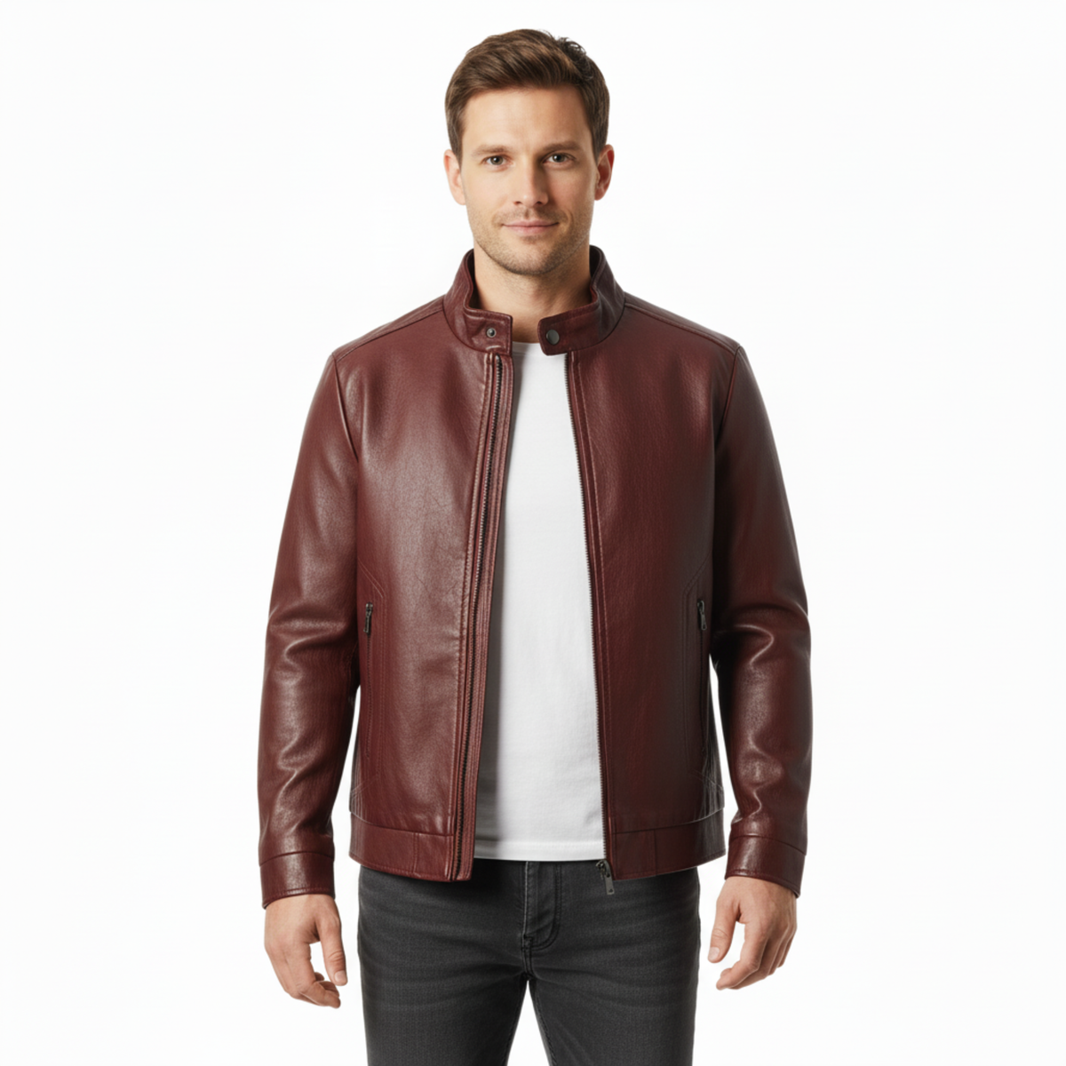 Jacket for Men with Zipper and Ribbed Cuffs — Burgundy