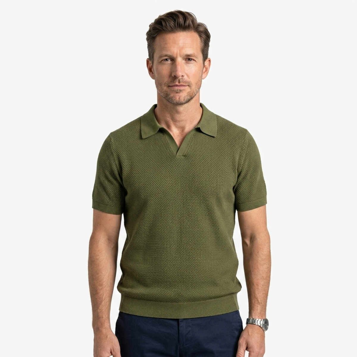Men's short-sleeve textured piqué knit polo — casual — Green
