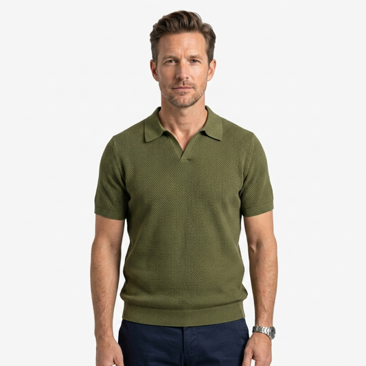 Men's short-sleeve textured piqué knit polo — casual — Green