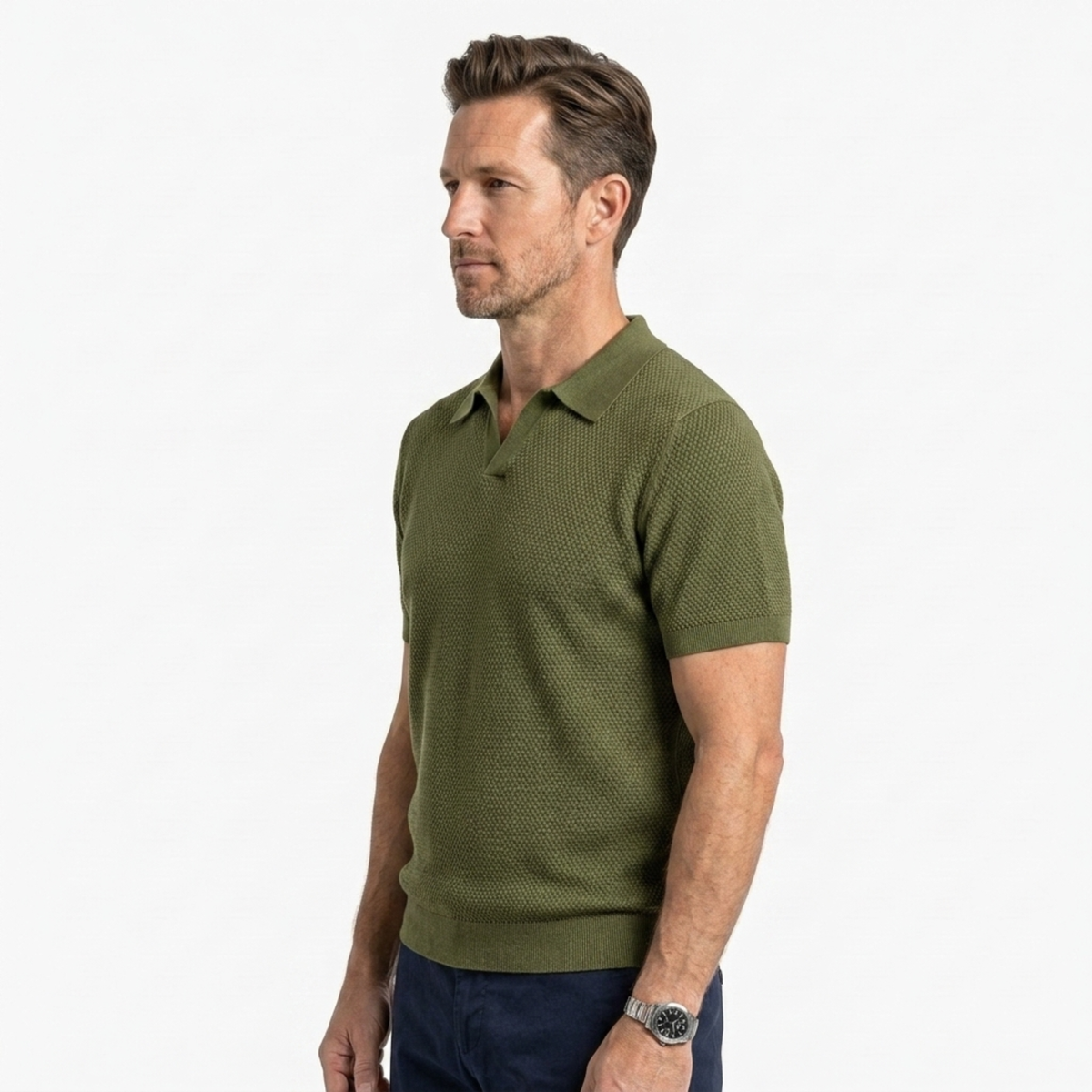 Men's short-sleeve textured piqué knit polo — casual — product view