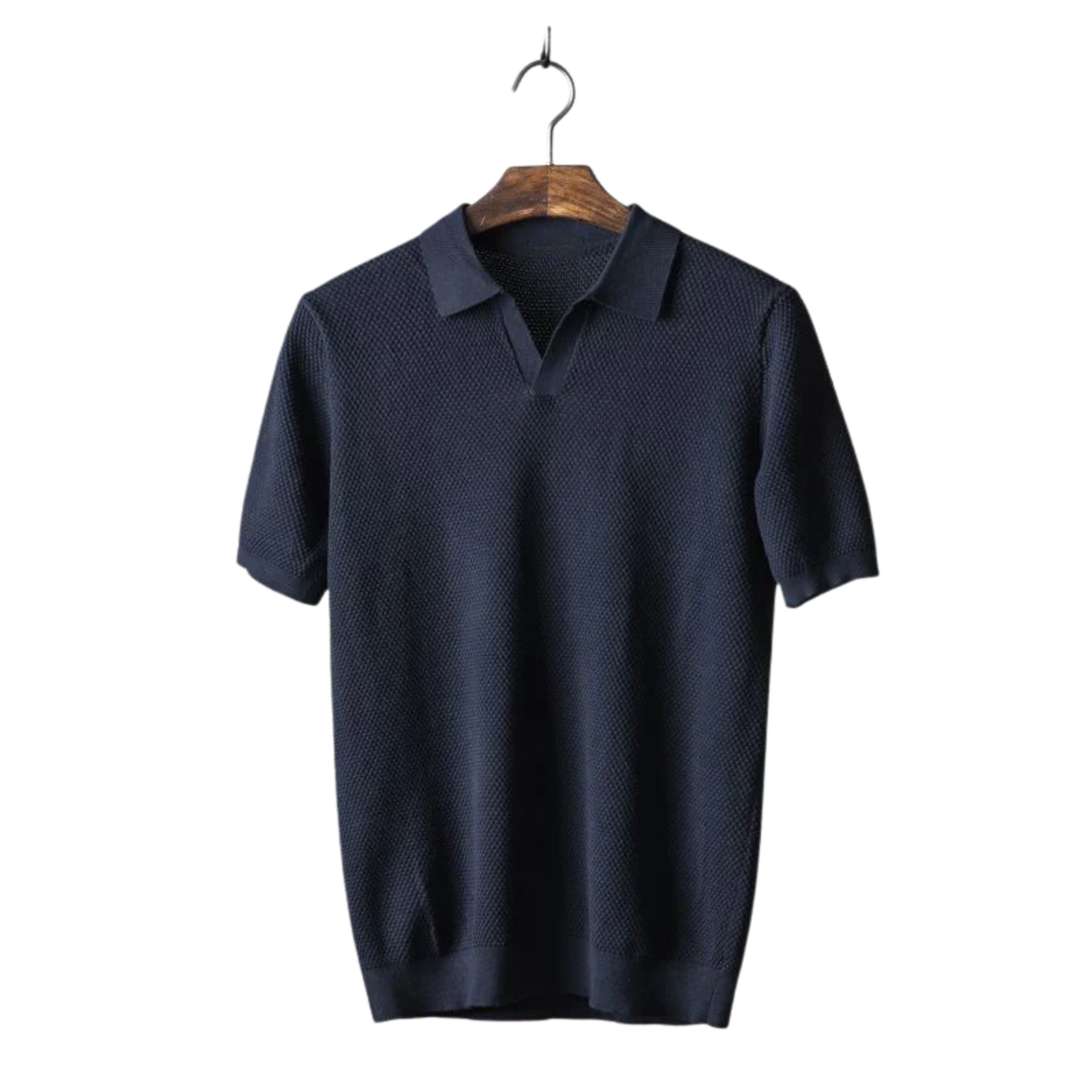 Men's short-sleeve textured piqué knit polo — casual — Navy Blue